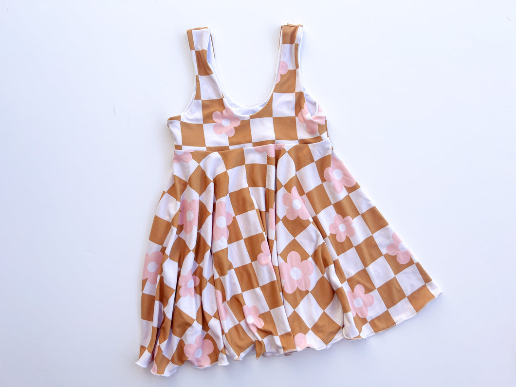 2t Checkered with Pink Daisy Pinafore Dress